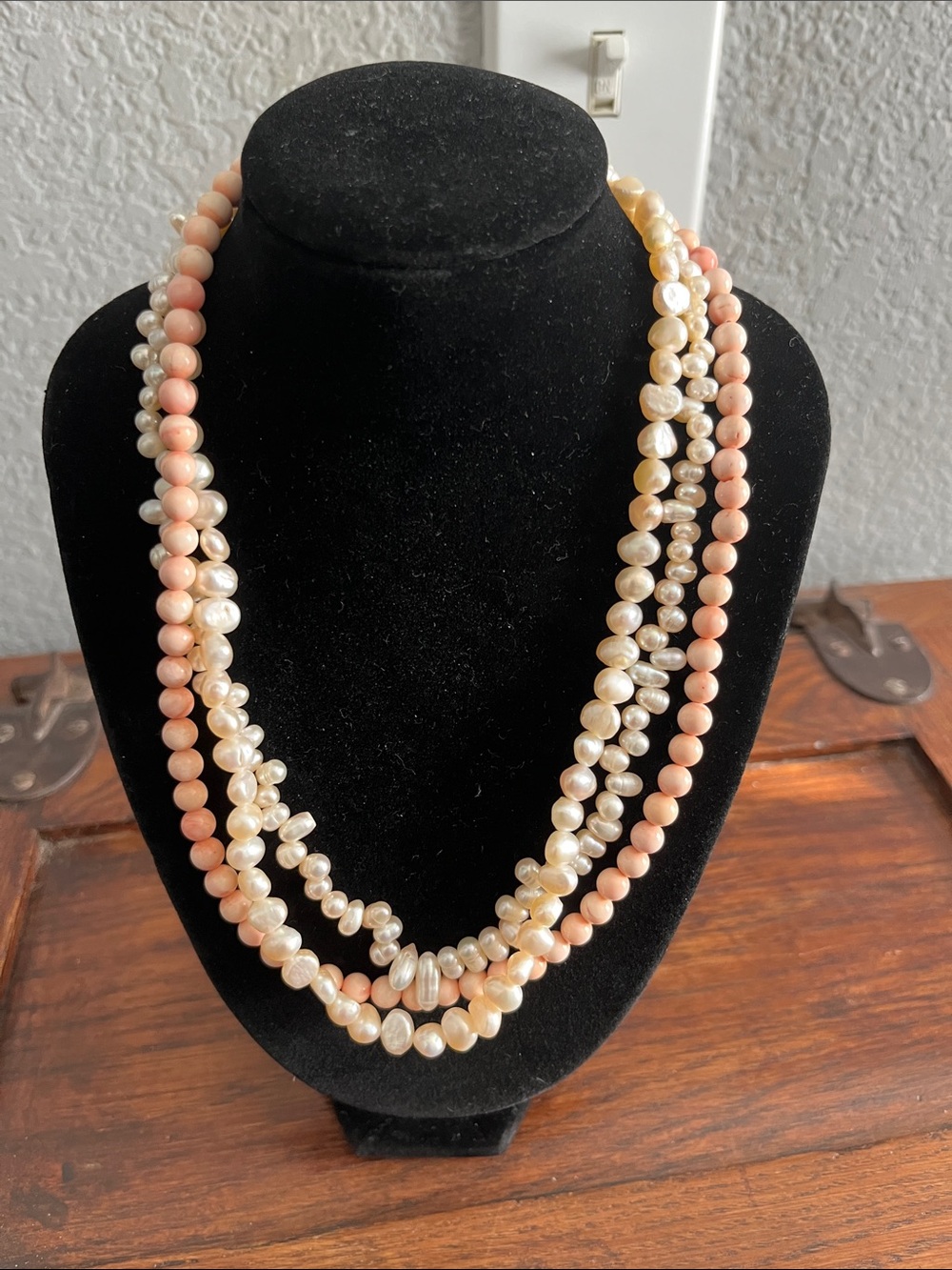 Multi-Strand Pink and Cream Pearl Necklace